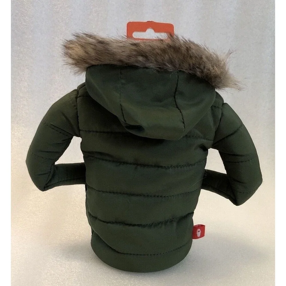 Puffin drinkwear Drink Parka Jacket Koozie The Pahka Olive Green w/ Fur Hood NEW